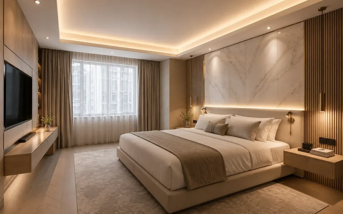 Refurbished hotel guestroom with upgraded finishes and lighting