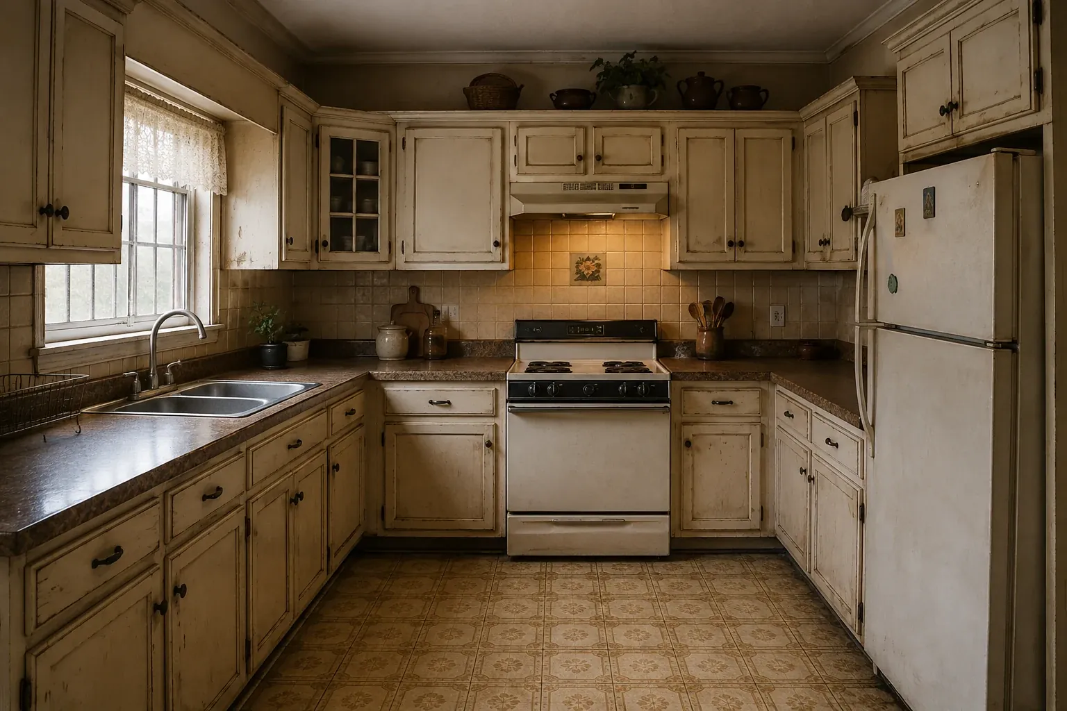 Kitchen cabinets before architectural vinyl wrapping