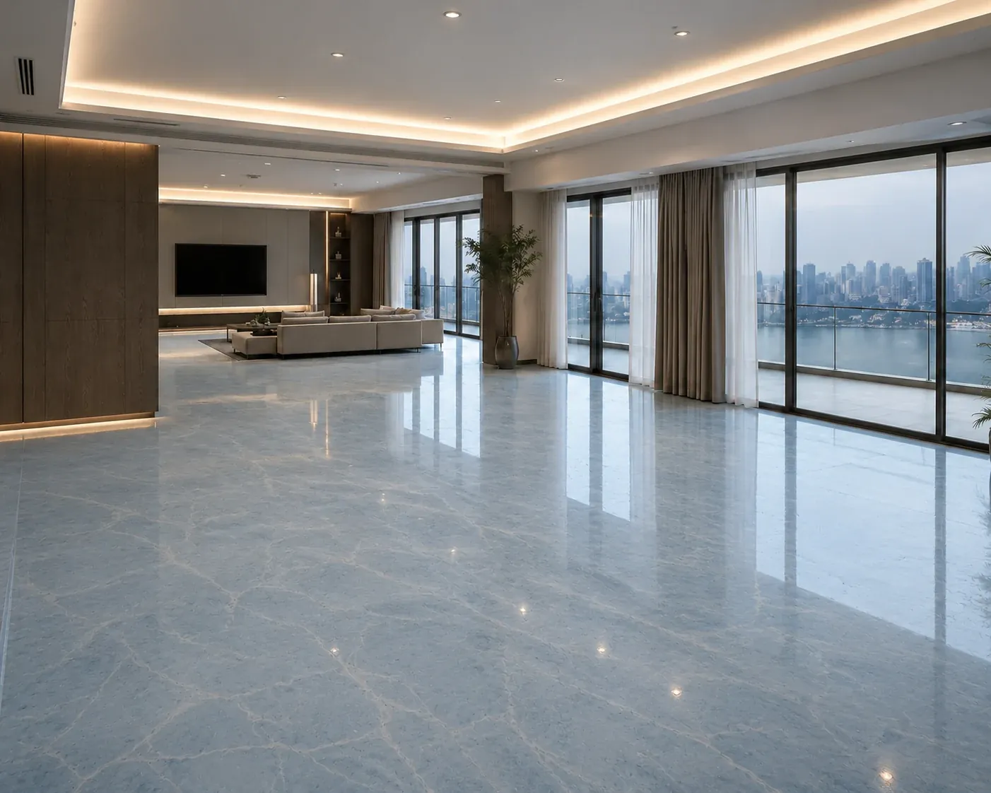 Interior floor finished with textured microcement